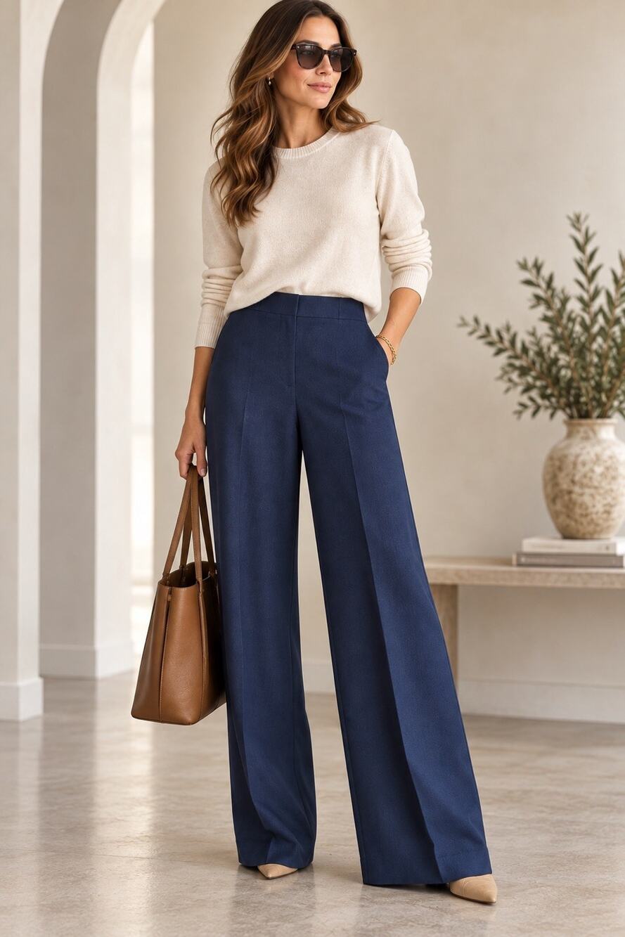 Lafayette 148 Thames Wool Trouser Pants Size 12 Navy Blue Wide Leg High Rise